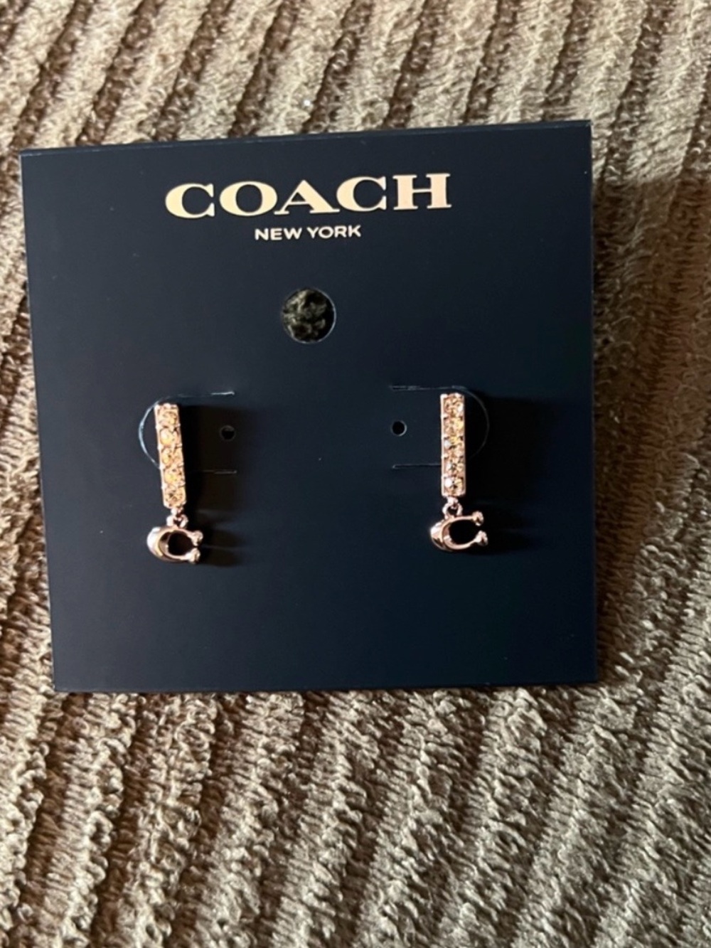 COACH Signature Pave Rose Gold Crystal Bar Drop Earrings. NWT